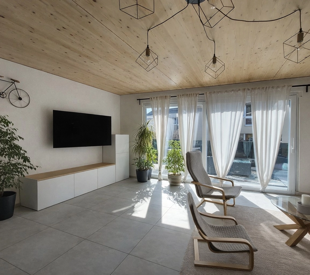 Superbe appartement moderne de 4,5 pièces avec terrasse, place de parc intérieure et place de stationnement extérieure.