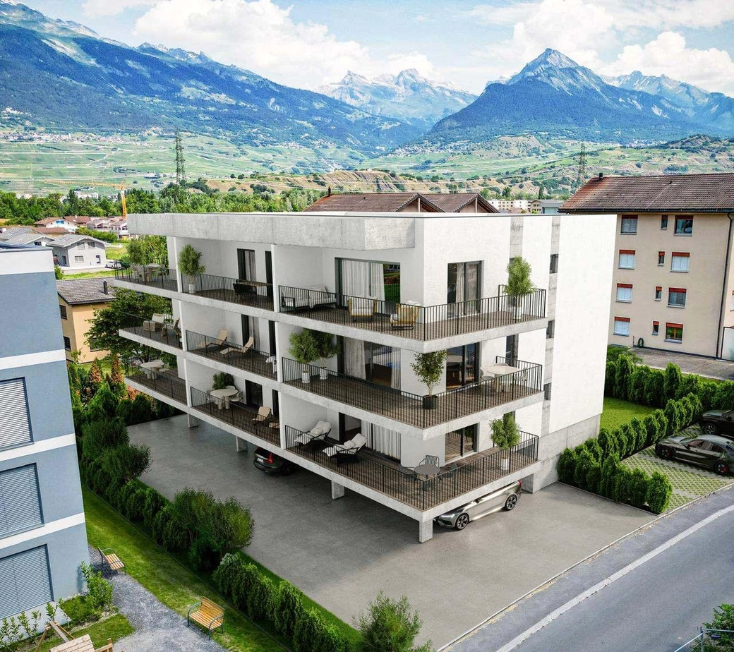 À louer – Appartement neuf Minergie 2.5 pièces avec grand balcon et parking intérieur à Aproz (Résidence The Cube)