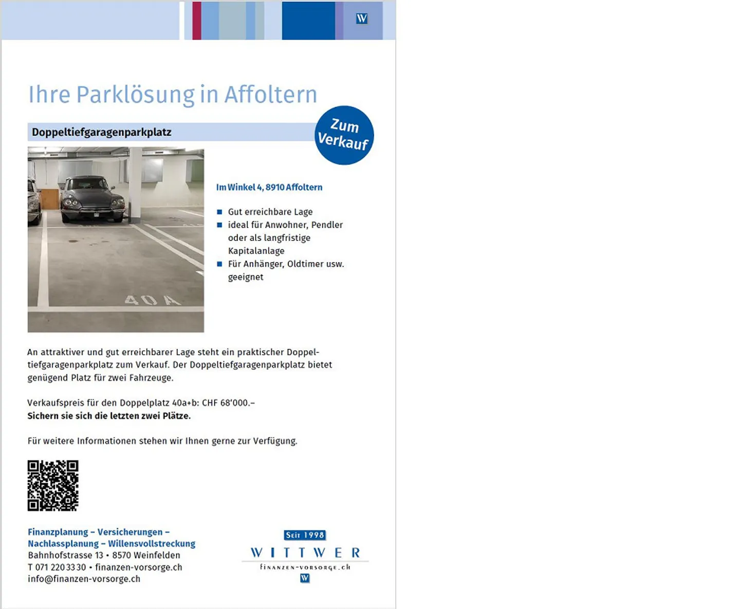 Your parking solution in Affoltern (double-depth garage parking space) - Photo 1 of 1