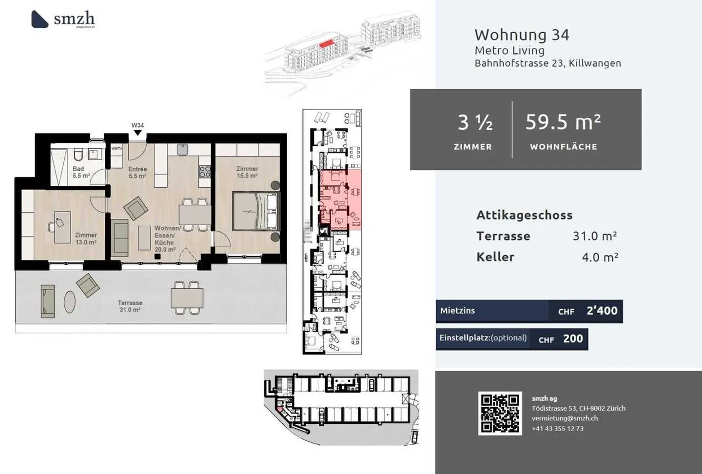 3.5-Zi.-Attika mit 31 m² Terrasse in Killwangen mieten - Foto 2 von 9