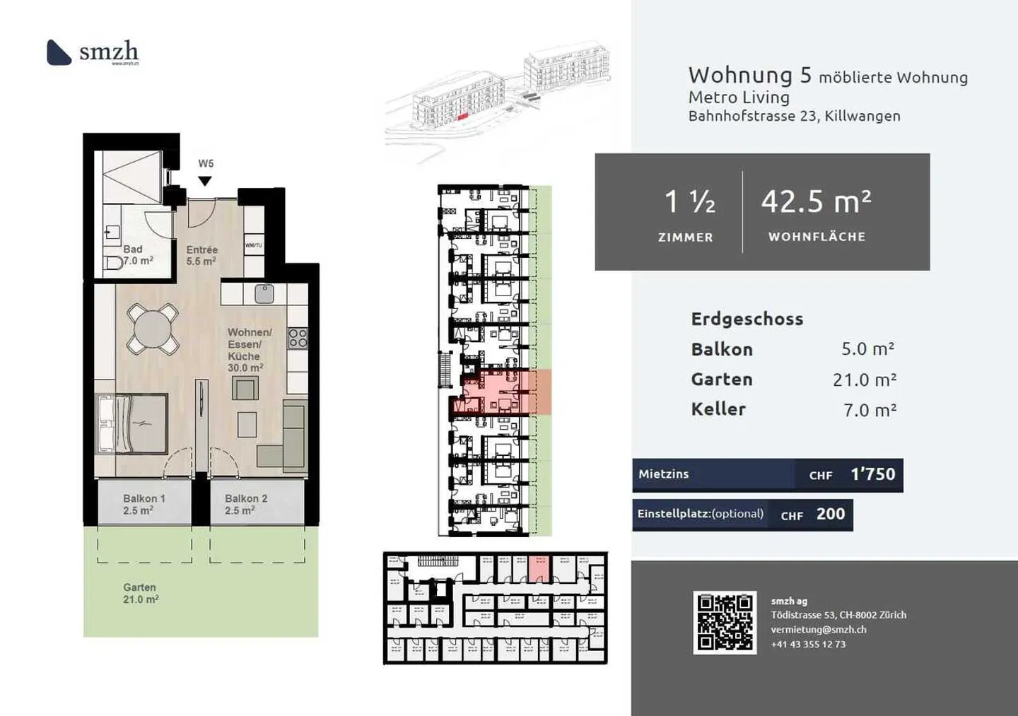 Appartement meublé 1,5 pièces avec jardin - vivre en ville à Killwangen - Photo 2 sur 9
