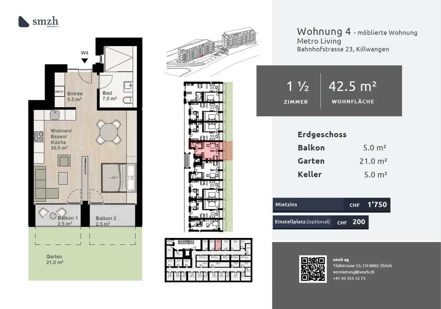 Appartement de jardin meublé 1.5 pièces avec balcon, Killwangen - Photo 2 sur 9