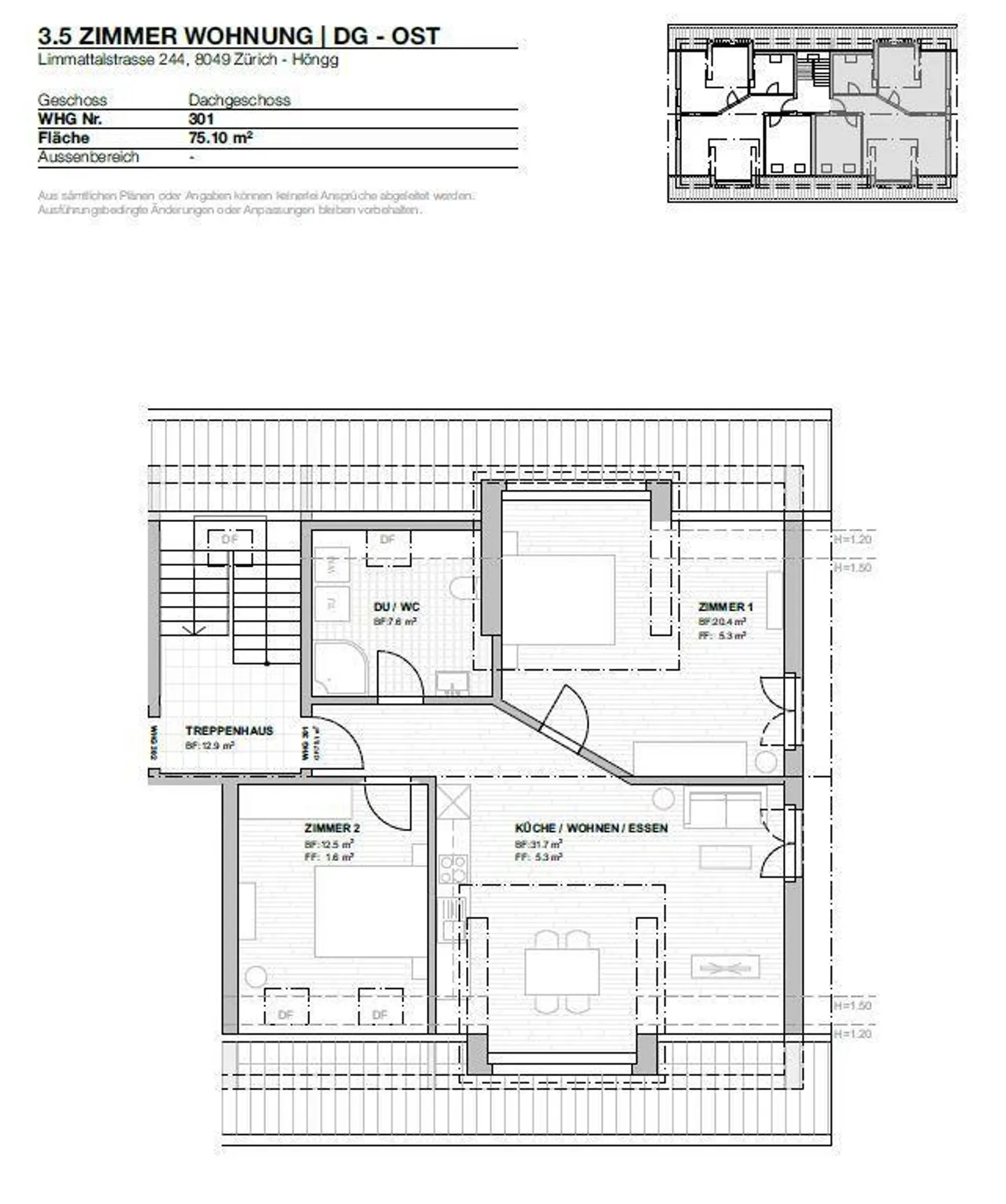 Schöne 3.5-Zimmer-Dachgeschosswohnung in Höngg - Foto 8 von 8