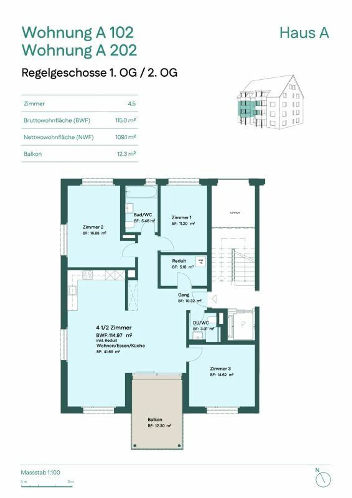 Attraktive 4.5-Zimmer Etagenwohnung mit sonnigem Balkon - Foto 5 von 5