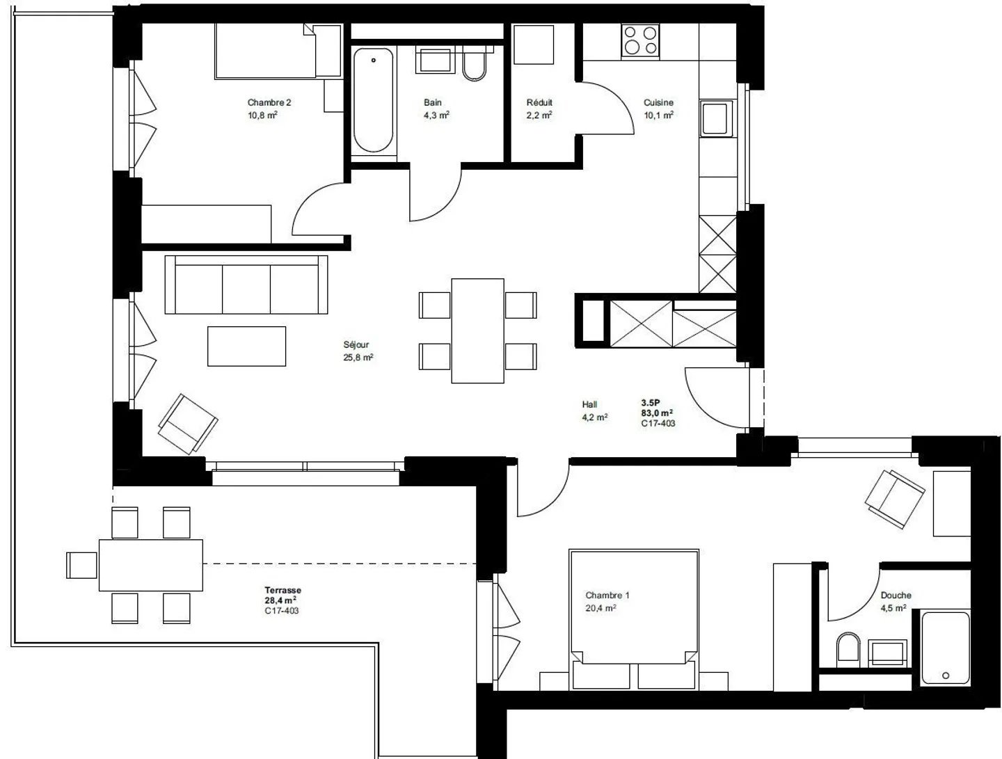 3.5 new rooms in the penthouse with a terrace of 28 m² – C17-403 - Photo 8 of 9