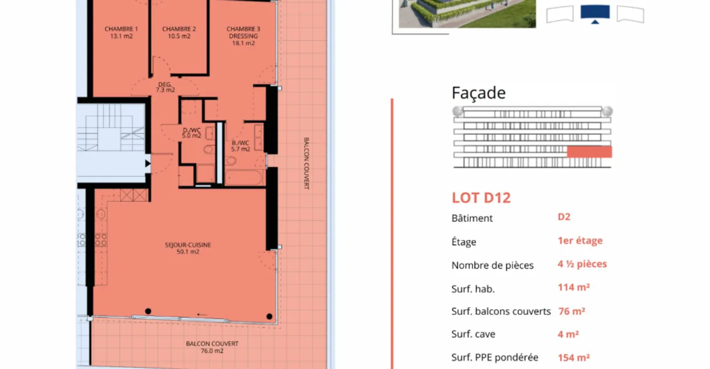 Luxuriöse 4,5-Zimmer-Wohnung mit überdachtem Balkon von 76m2 - Foto 12 von 12
