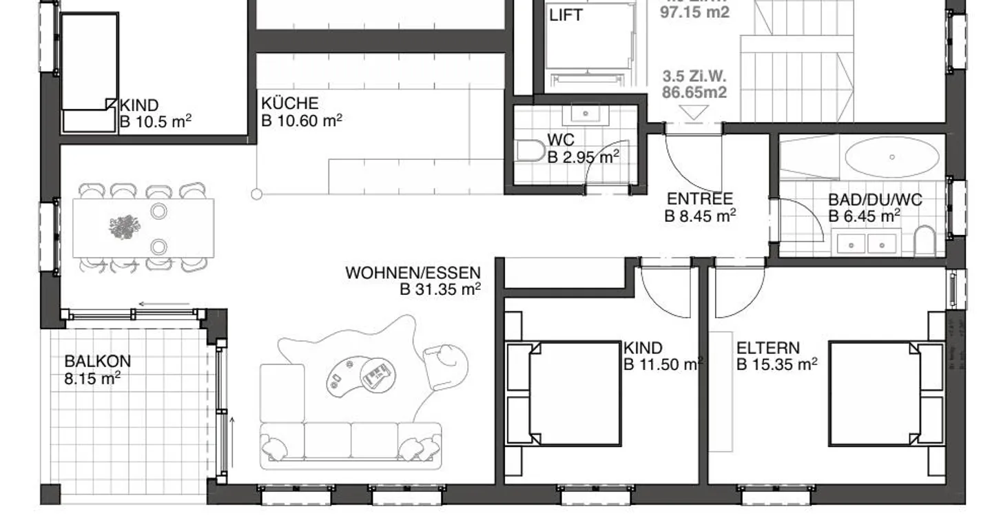Appartement 3.5 pièces, 2 places de parking dans le garage souterrain incluses - Photo 5 sur 5