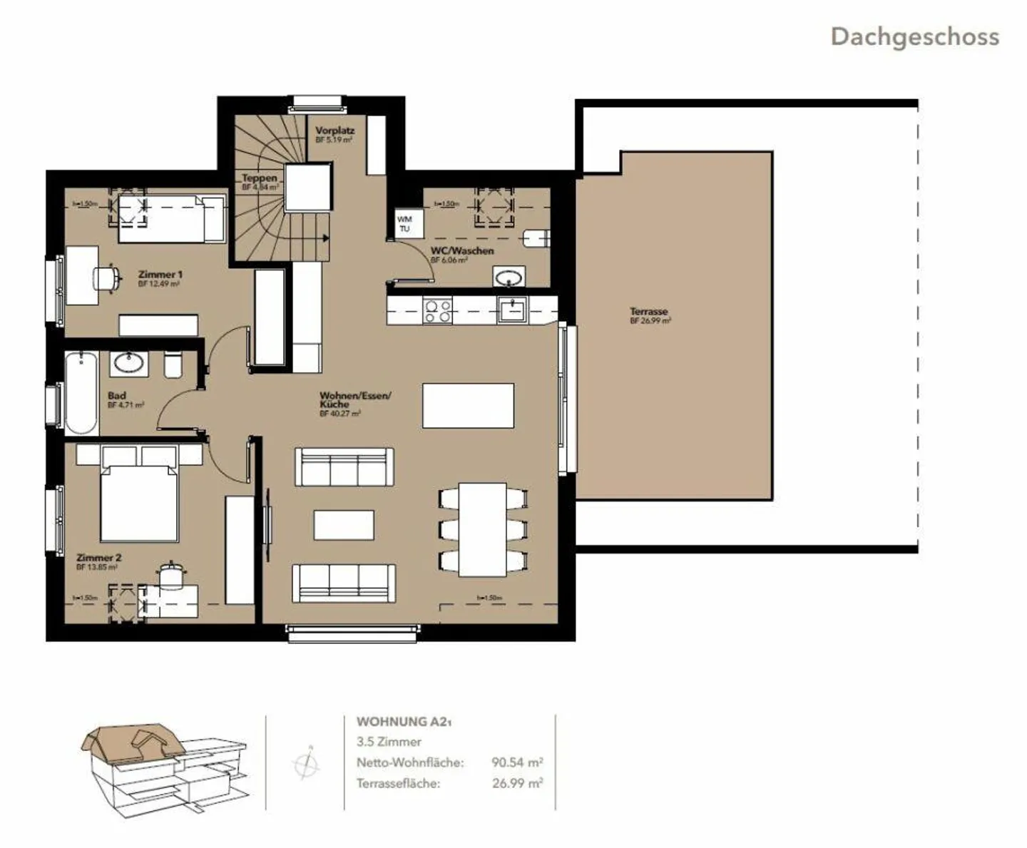 Stilvolles 3.5-Zimmer Penthouse mit Terrasse - Foto 12 von 13