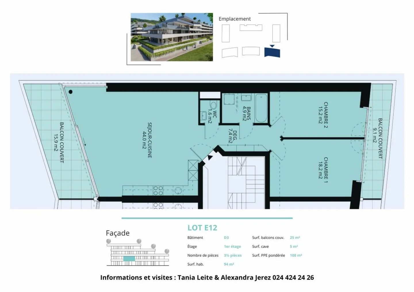 Spacious 3.5 room apartment of 108m2 with 2 balconies and lake view - Photo 11 of 12