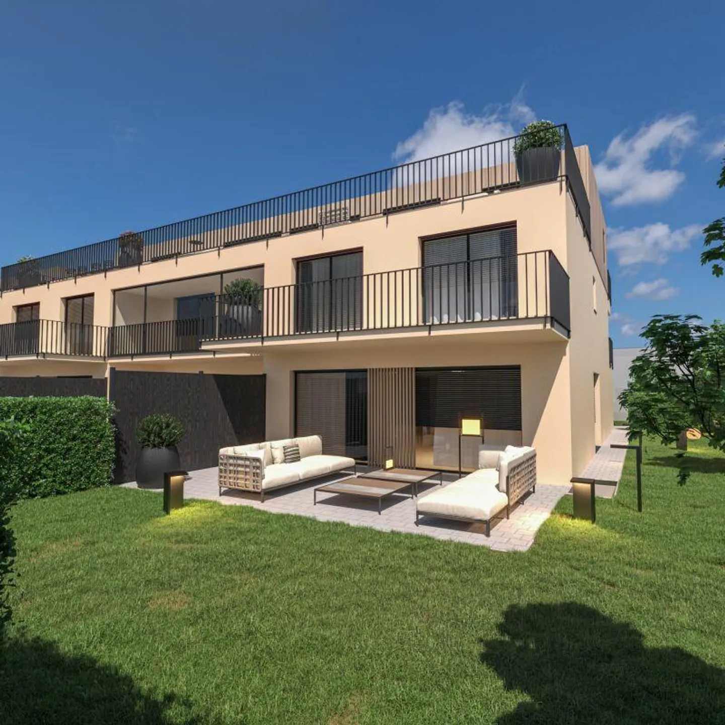 Appartamento giardino d'angolo con 5,5 stanze, suite principale con cabina armadio e bagno en suite, loggia e balcone - Foto 1 di 19