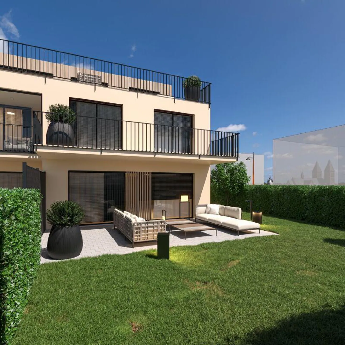 Appartamento giardino d'angolo con 5,5 stanze, suite principale con cabina armadio e bagno en suite, loggia e balcone - Foto 2 di 19