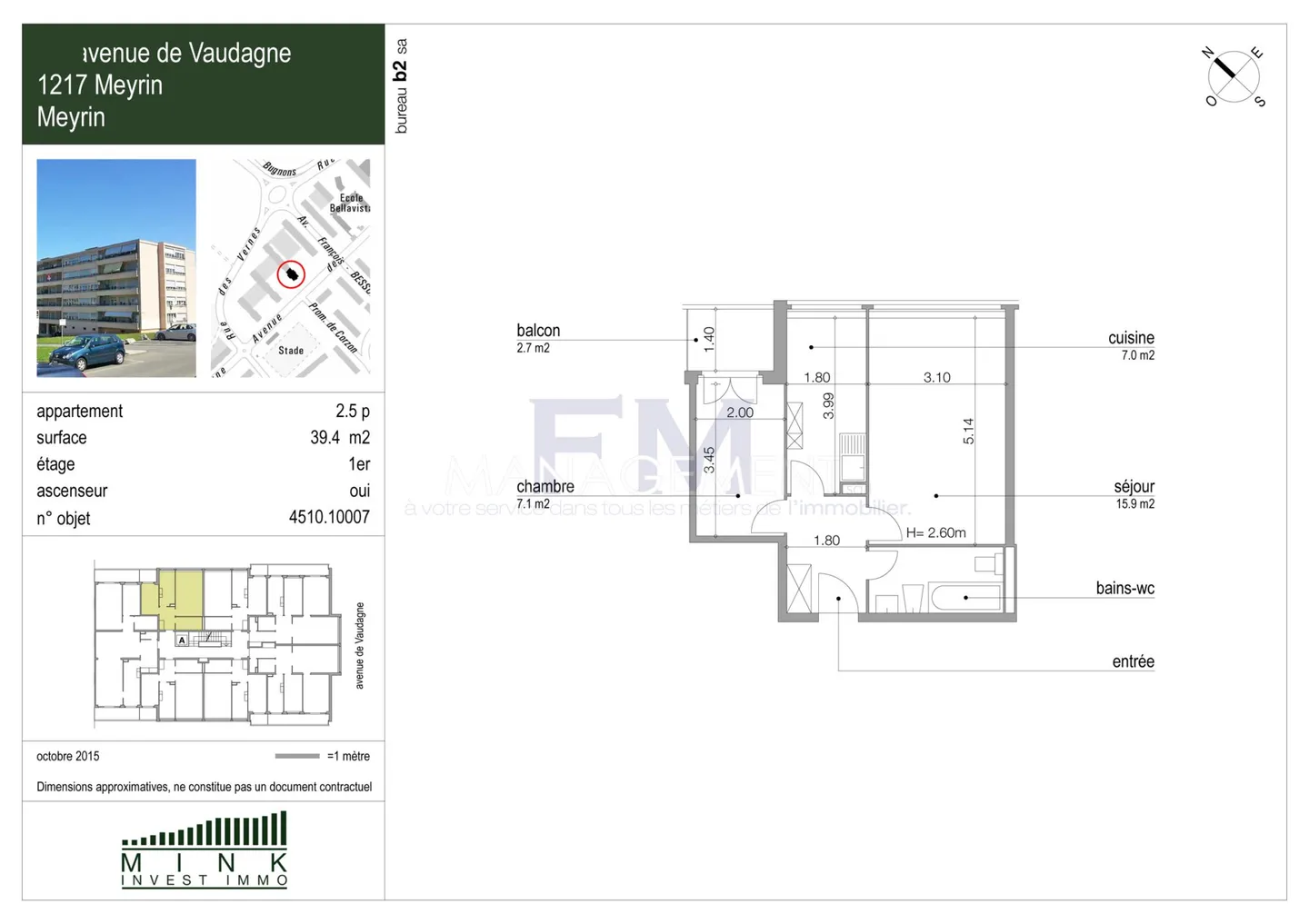 Avenue de Vaudagne - 2,5 Zimmer mit etwa 39,40 m² im 1. Stock - Foto 3 von 3