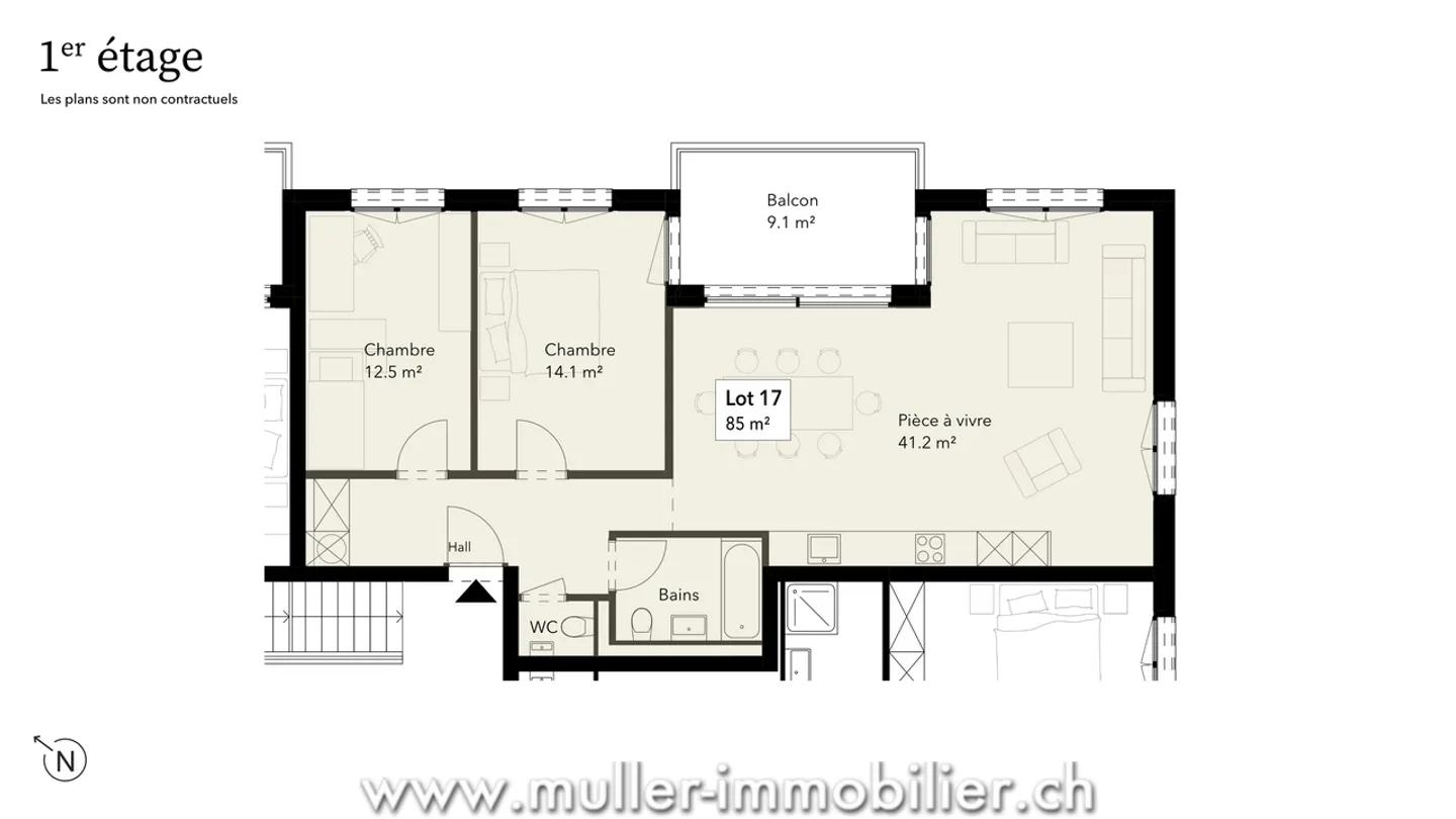 Appartement confortable de 3,5 pièces avec vue dégagée, à 5 minutes de Romont - Photo 10 sur 13