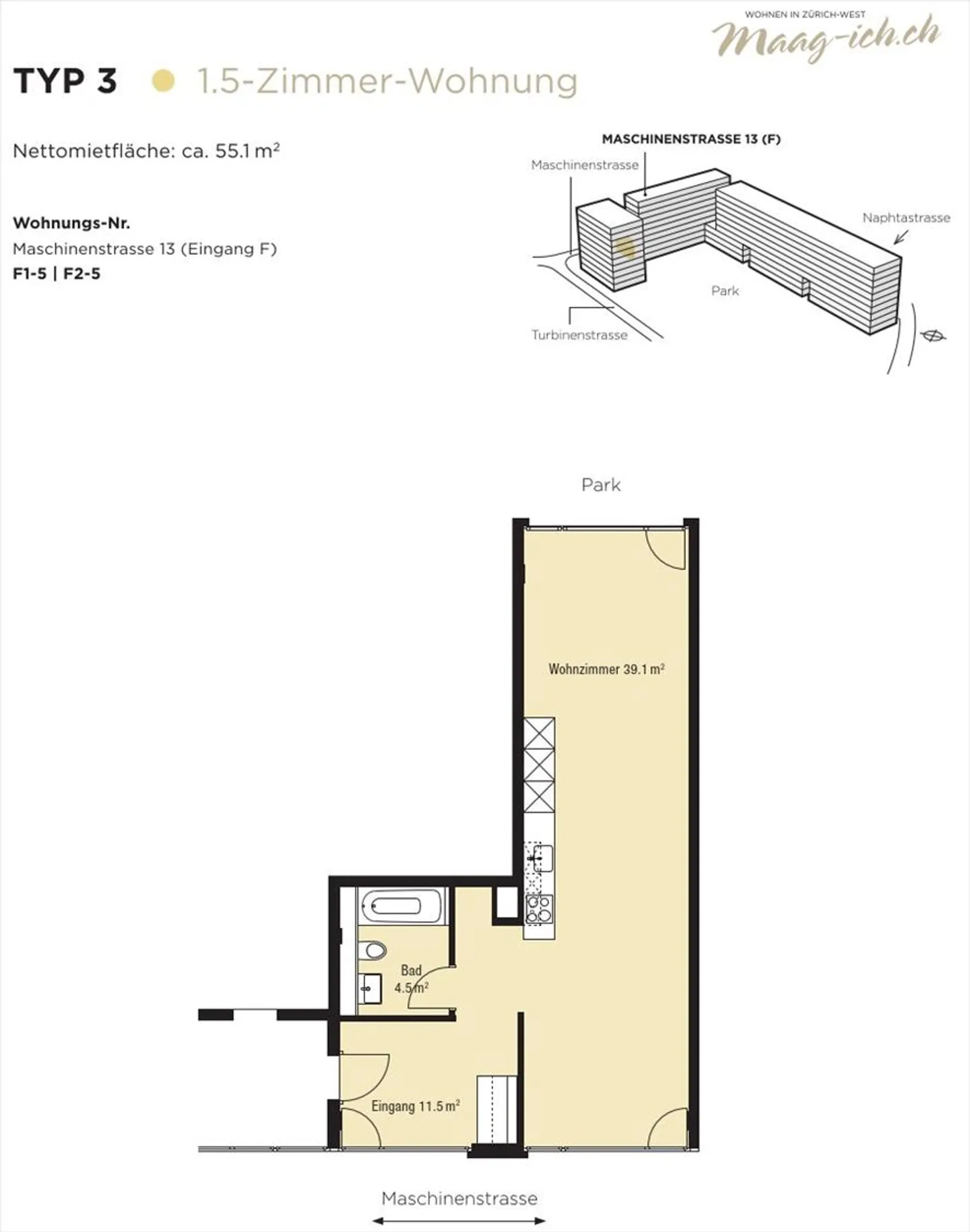 Appartement 1,5 pièces à proximité immédiate des Prime Towers - Photo 4 sur 4
