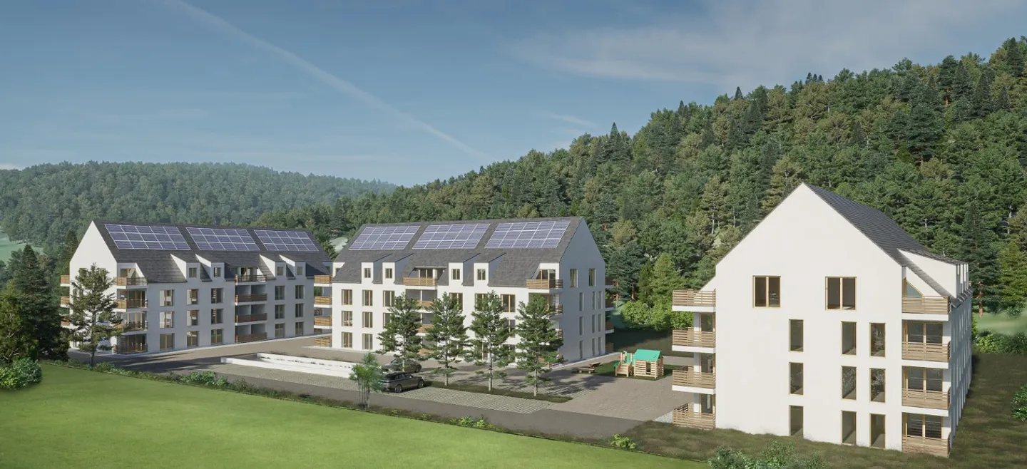 Appartamenti nuovi di 3½ locali di circa 77 o 83 m² comprendenti: - Ingresso con armadi a muro - Cucina ben attrezzata aperta - Soggiorno luminoso con accesso al balcone o alla terrazza - Due camere da letto - Bagno/WC con colonna di lavaggio - WC separato - Ripostiglio negli appartamenti di circa 83 m² - Balcone o terrazza - Foto 1 di 2
