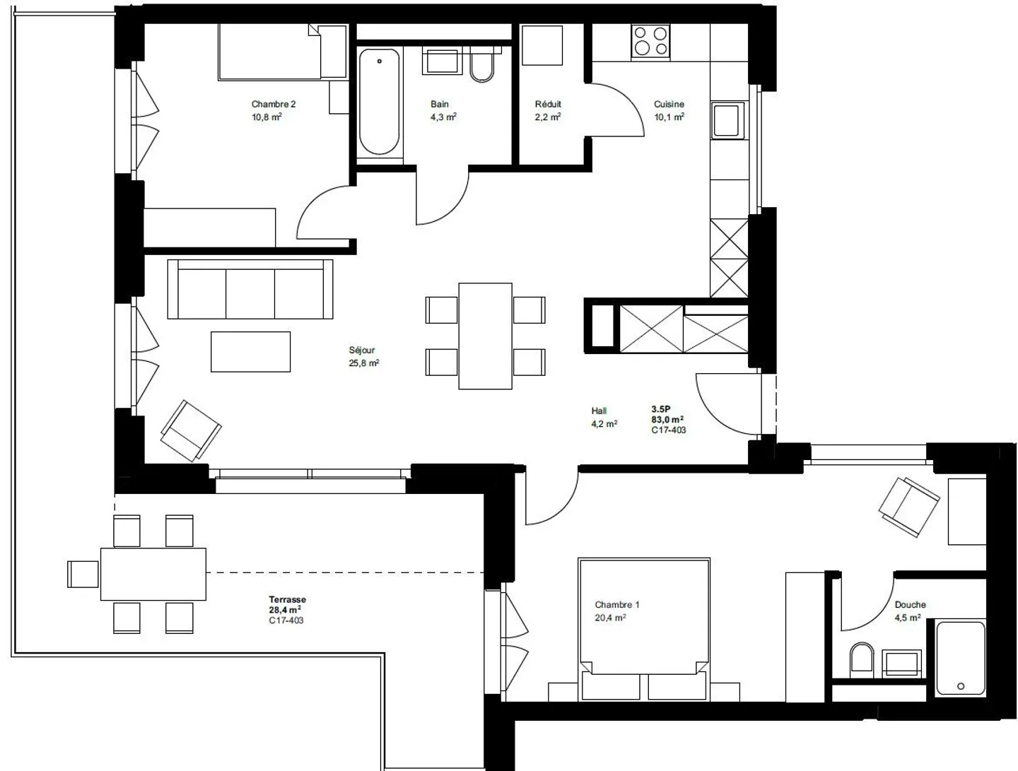 3.5 new rooms in the penthouse with a terrace of 28 m² – C17-403 - Photo 8 of 9