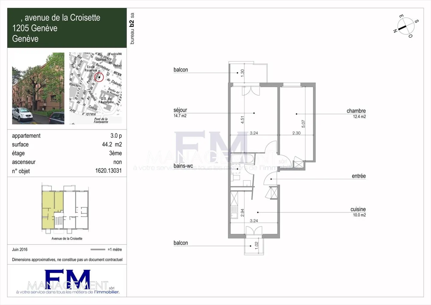 Plainpalais - Av. de la Croisette - 3 locali al 3° piano, circa 45m2 - Foto 2 di 2