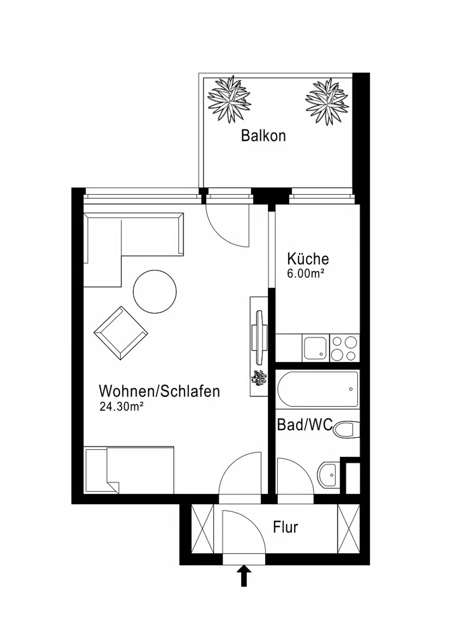 Appartamento di 1,5 stanze con grande balcone in posizione tranquilla (incluso posto auto sotterraneo) - Foto 7 di 7