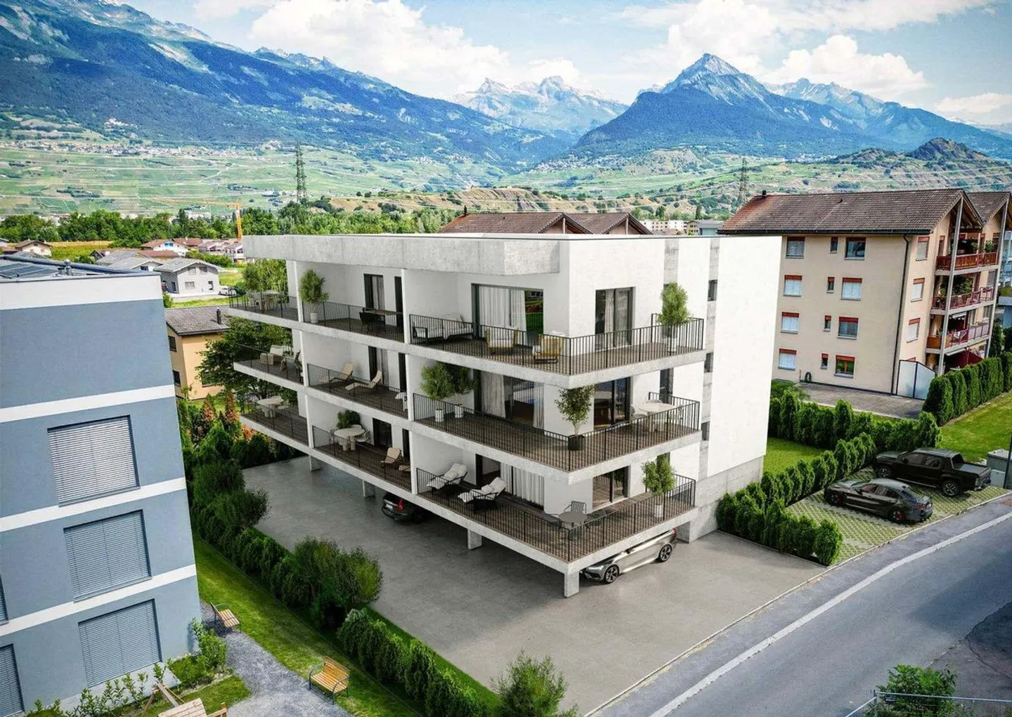 For rent - New Minergie apartment 2.5 rooms with large balcony and indoor parking in Aproz (Residence The Cube) - Photo 1 of 9