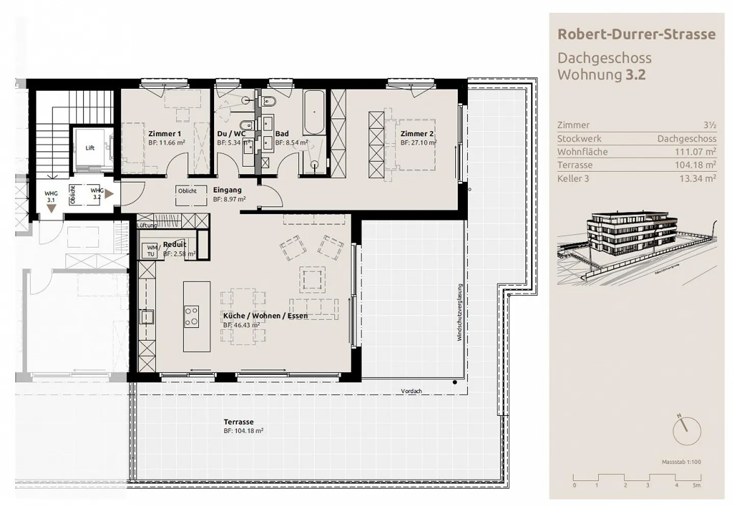 Appartement Attique 3 1/2 pièces - Photo 2 sur 4