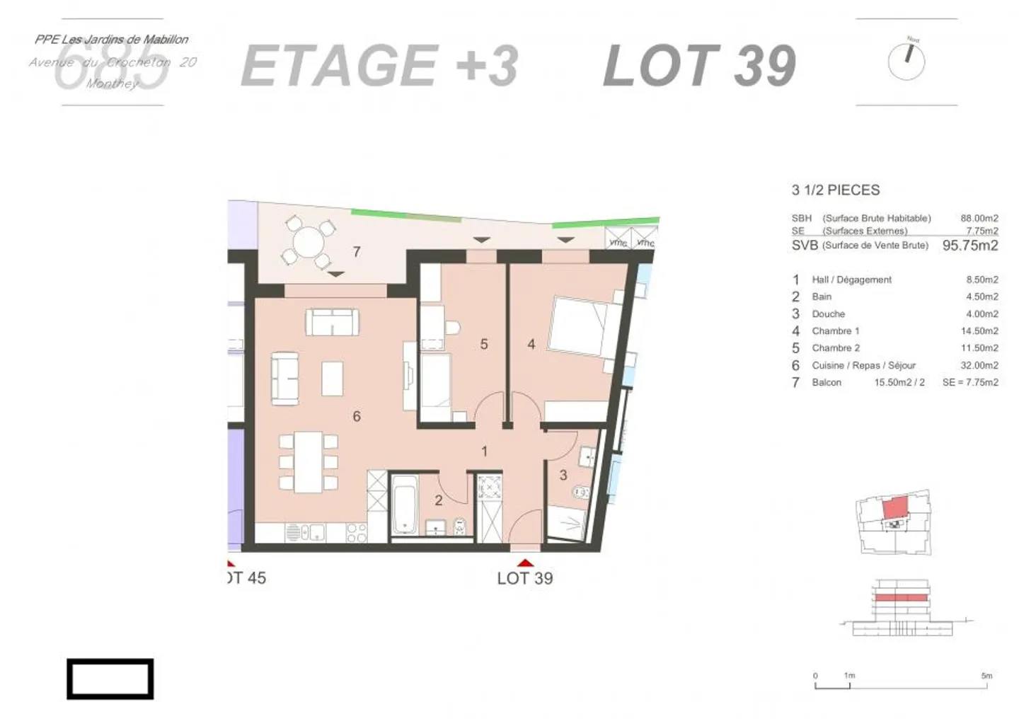 Appartement Minergie 3,5 pièces au 3ème étage au centre de Monthey, propriété 39 - Photo 5 sur 11
