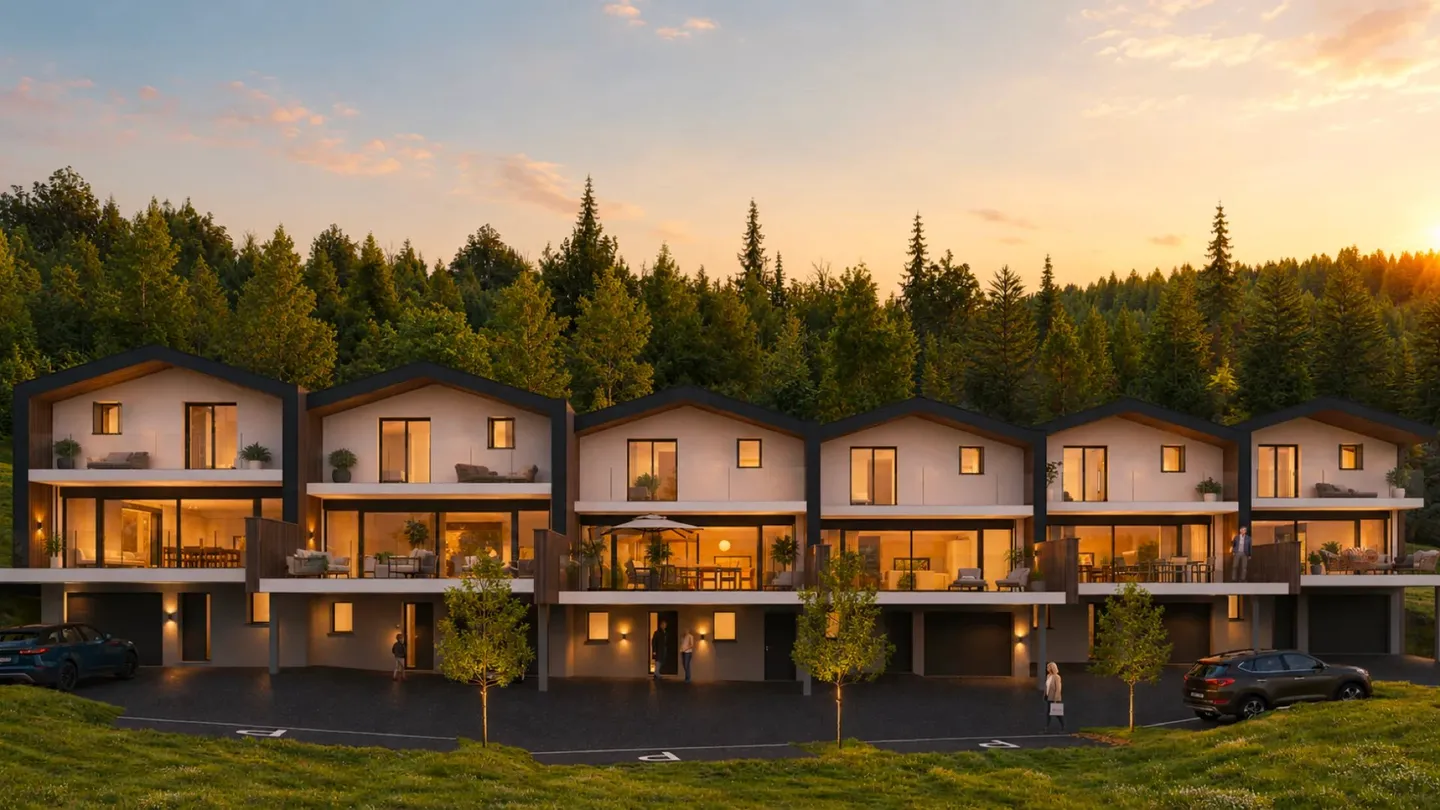 Villa 4.5p - Wohnzimmer/Küche mit doppeltem Zugang zu Terrassen und Garten - Foto 6 von 9