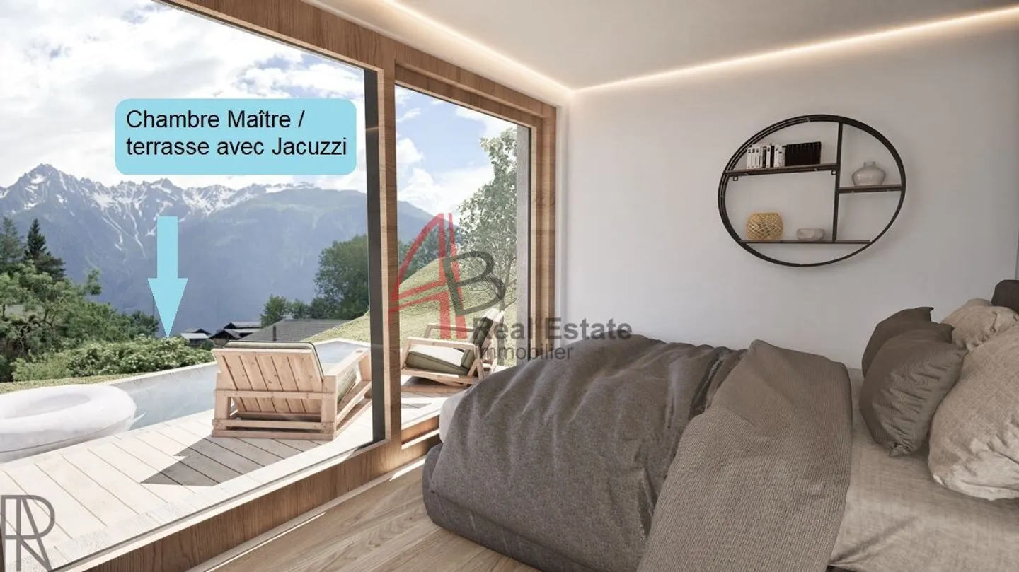 Villa contemporaine de 5,5 pièces - 4 chambres, cave extérieure, forêt privée et vue panoramique - Chemin-Dessus (Val de Bagnes) - Foto 6 di 13