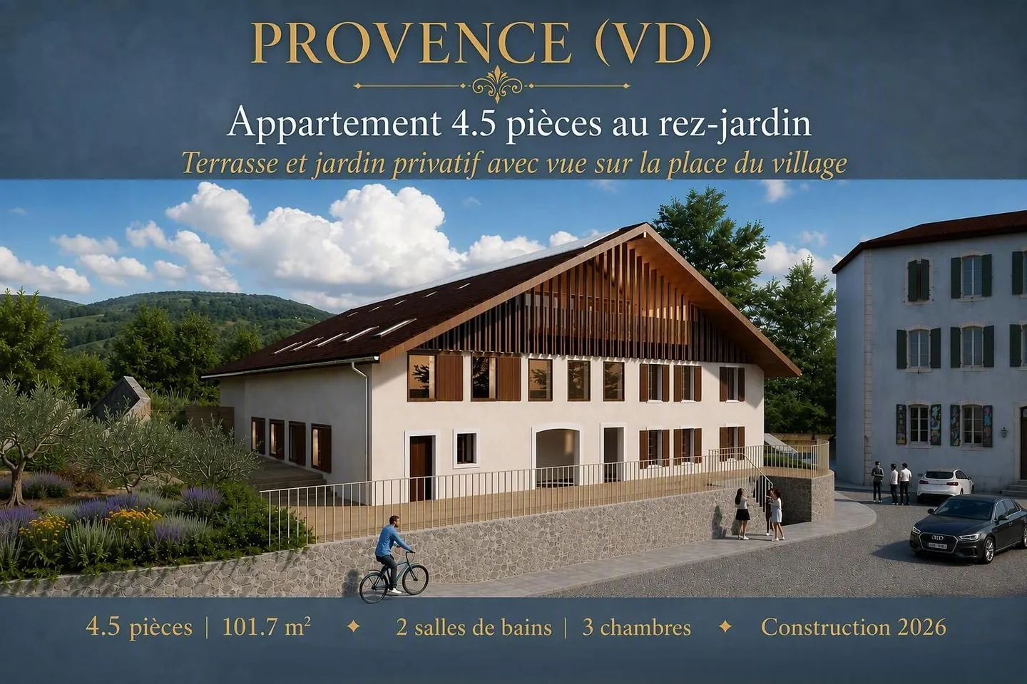 Appartamento 4.5 locali al piano giardino — Terrazza e giardino privato con vista sulla piazza del villaggio - Foto 1 di 5