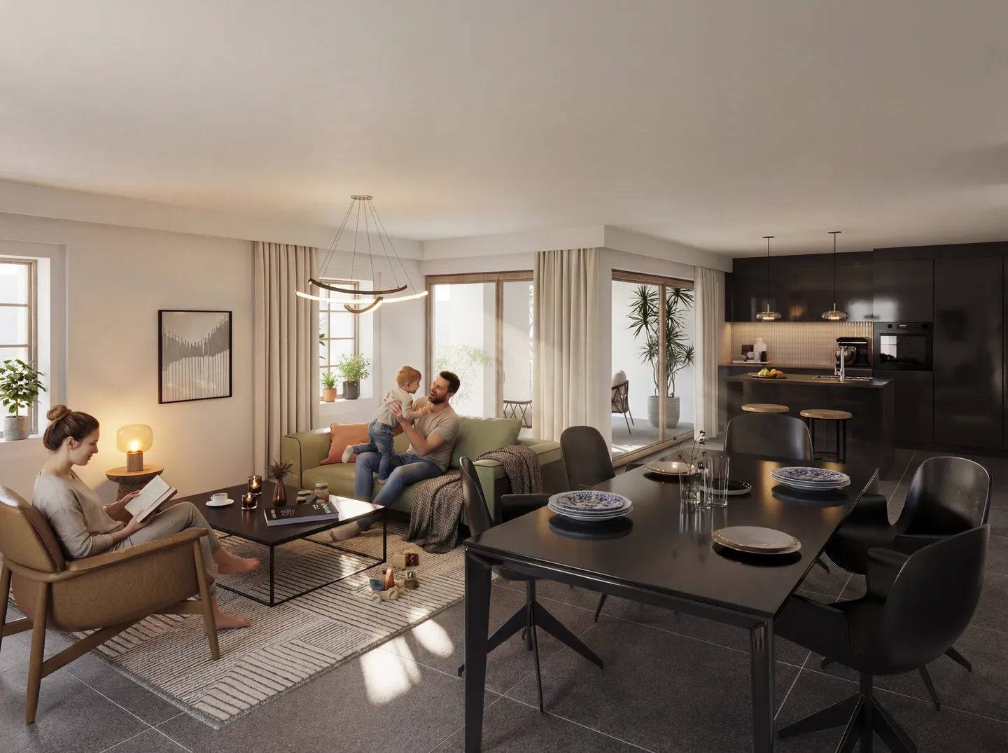 Appartamento 4.5 locali al piano giardino — Terrazza e giardino privato con vista sulla piazza del villaggio - Foto 2 di 5