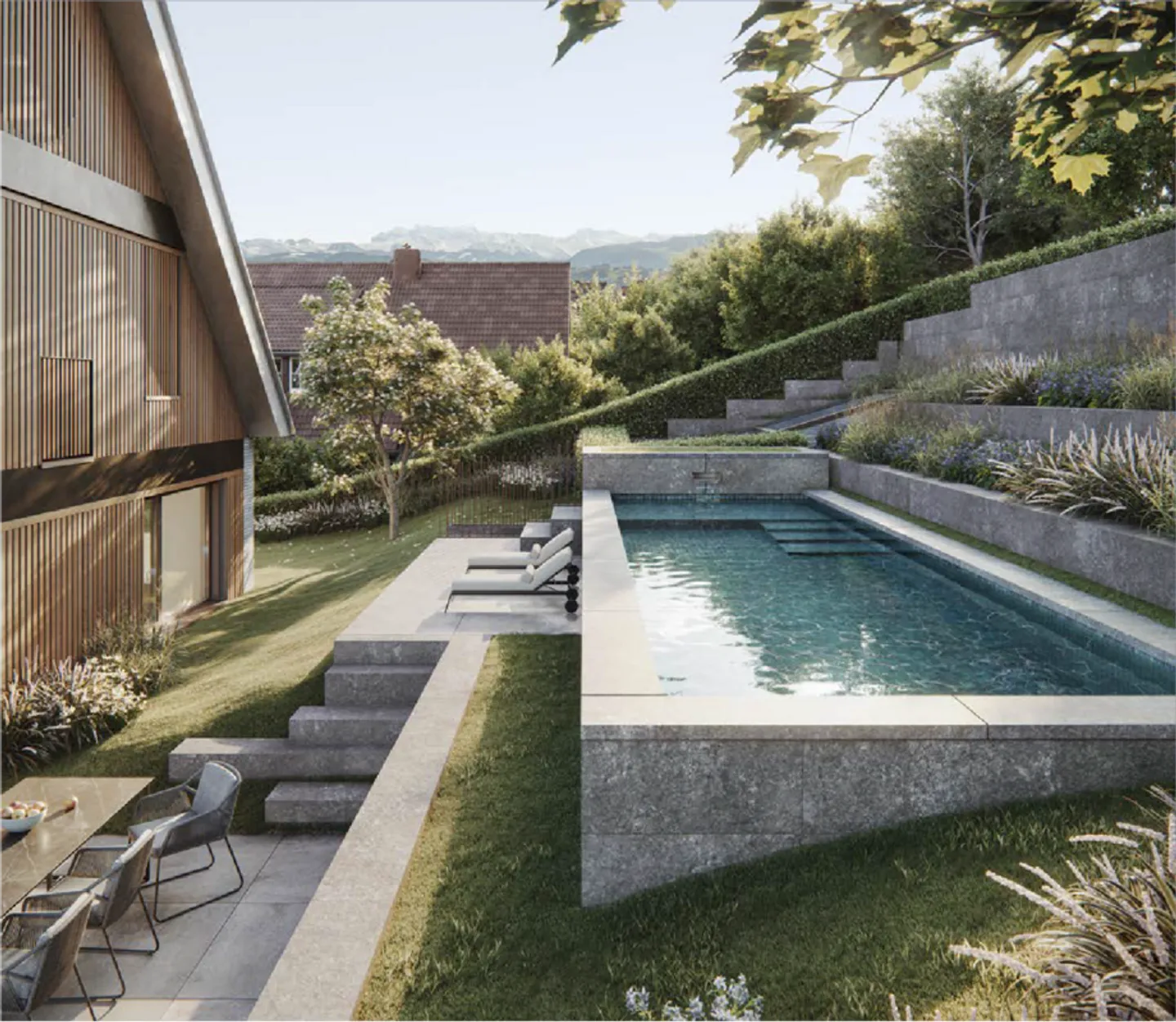 Vivere privilegiato sul lago di Zurigo con: residenza di 5,5 stanze con piscina privata, giardino, vista sul lago e sulle montagne - Foto 1 di 13