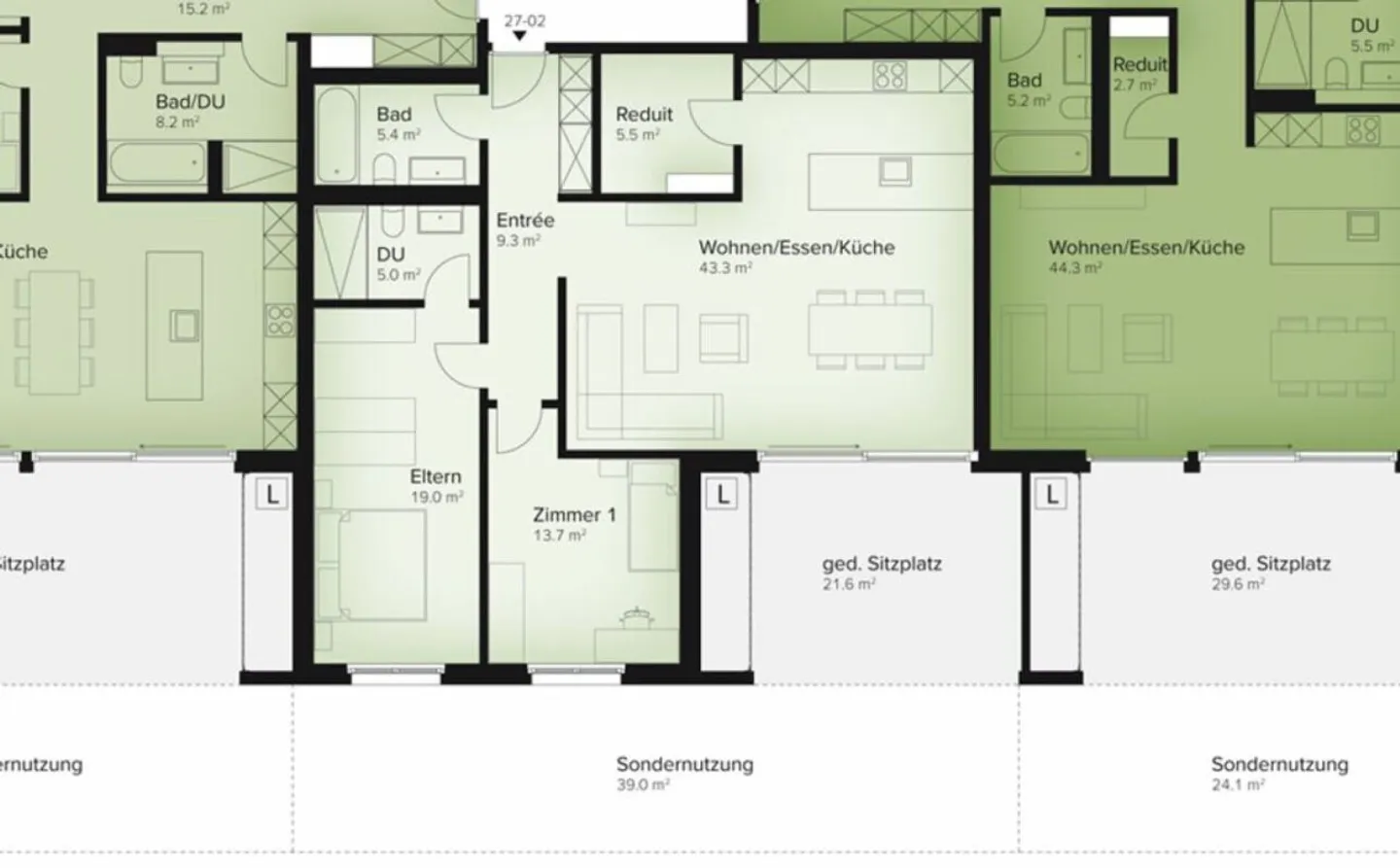 119 m² - Appartamento giardino 3.5 locali - Terrazza 21 m² - Parte giardino 39 m² - Foto 6 di 8