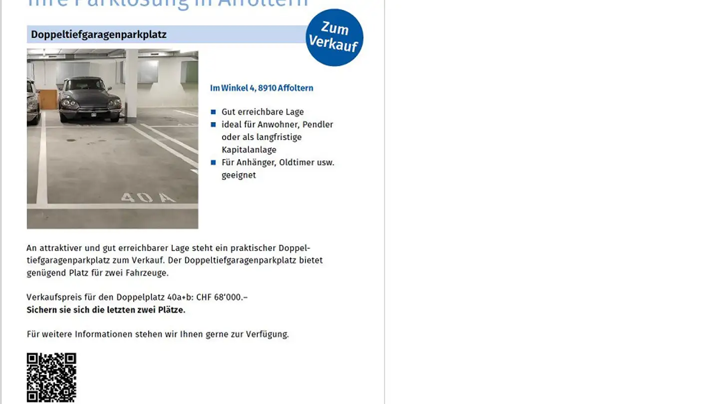 Underground parking space for sale - Im Winkel 4, 8910 Affoltern am Albis