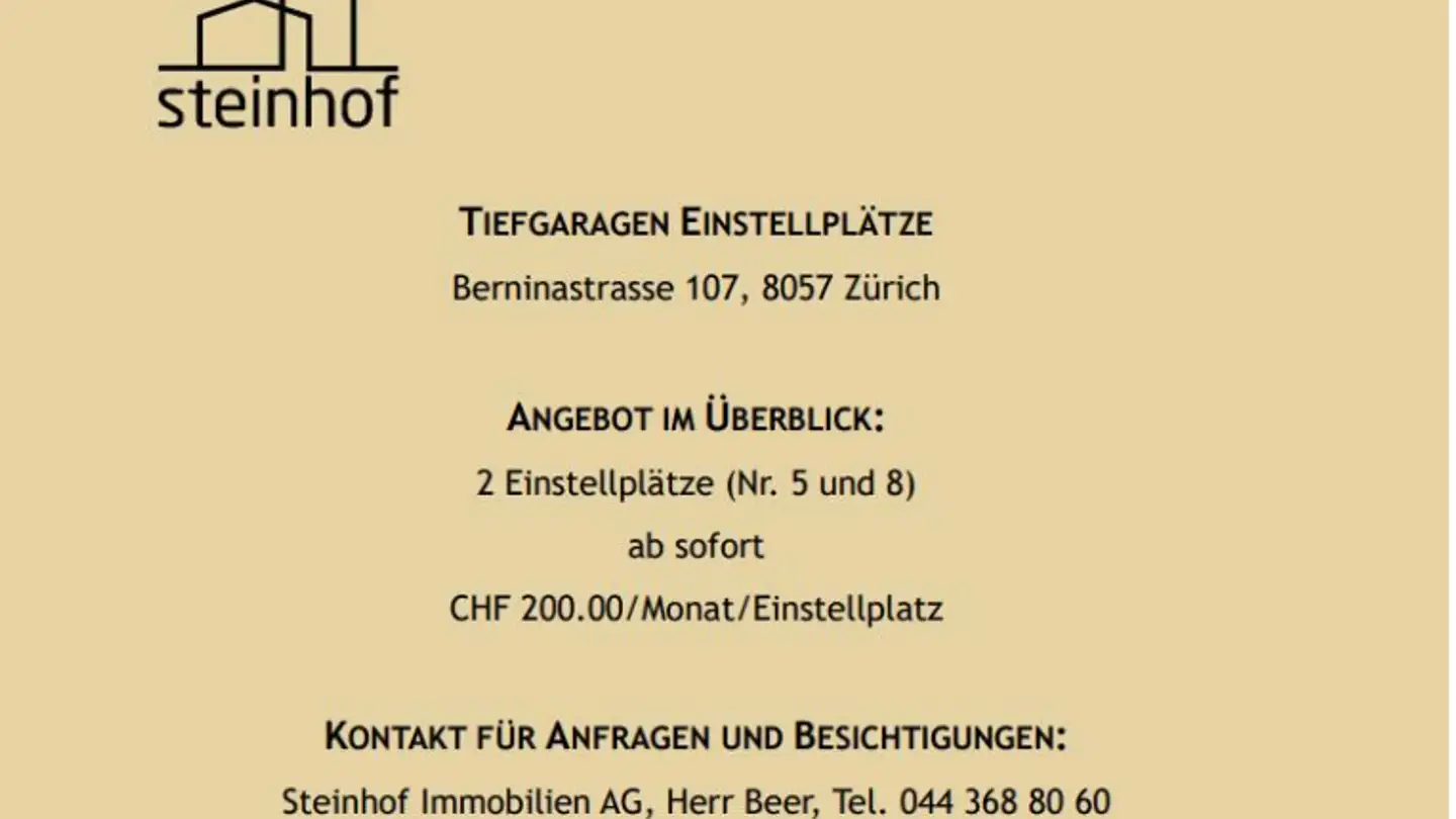 Underground parking space for rent - Berninastrasse 107, 8057 Zürich