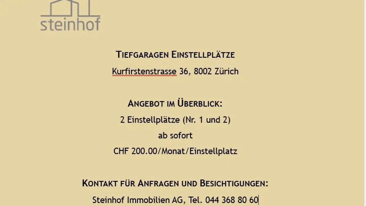 Einzelgarage mieten - Kurfirstenstrasse 36, 8002 Zürich