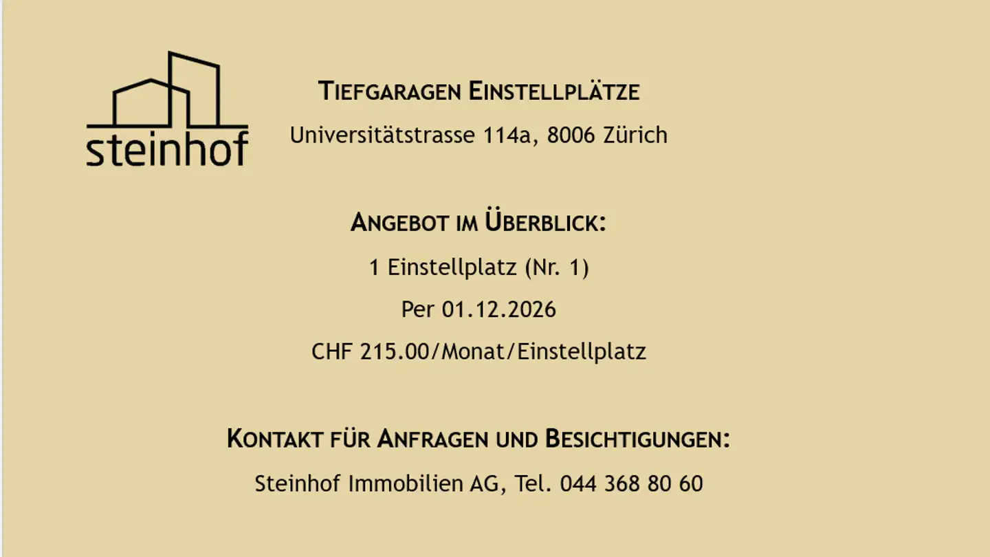 Single garage for rent - Universitätstrasse 114a, 8006 Zürich