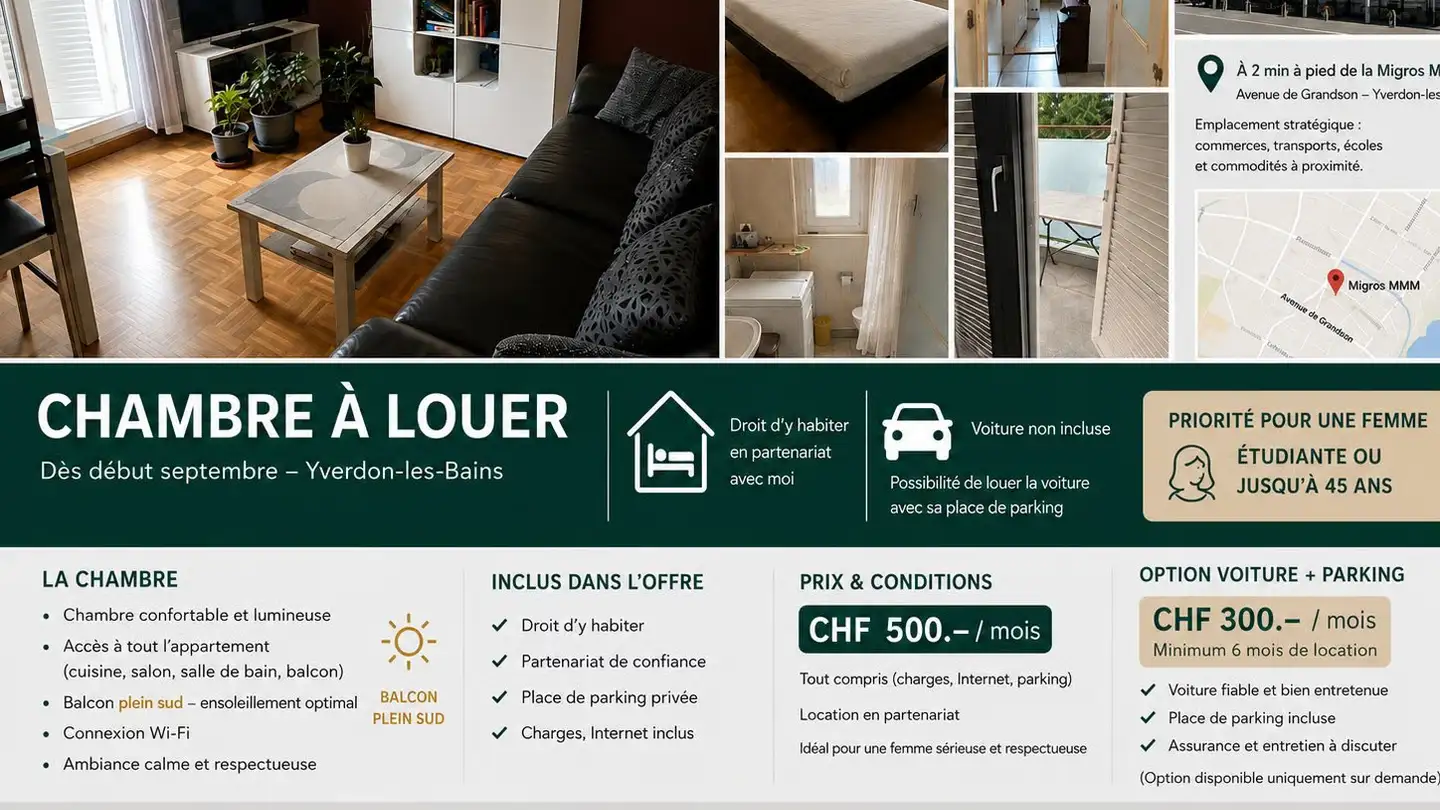 Chambre à louer - Avenue De Grandson, 1400 Yverdon-les-Bains
