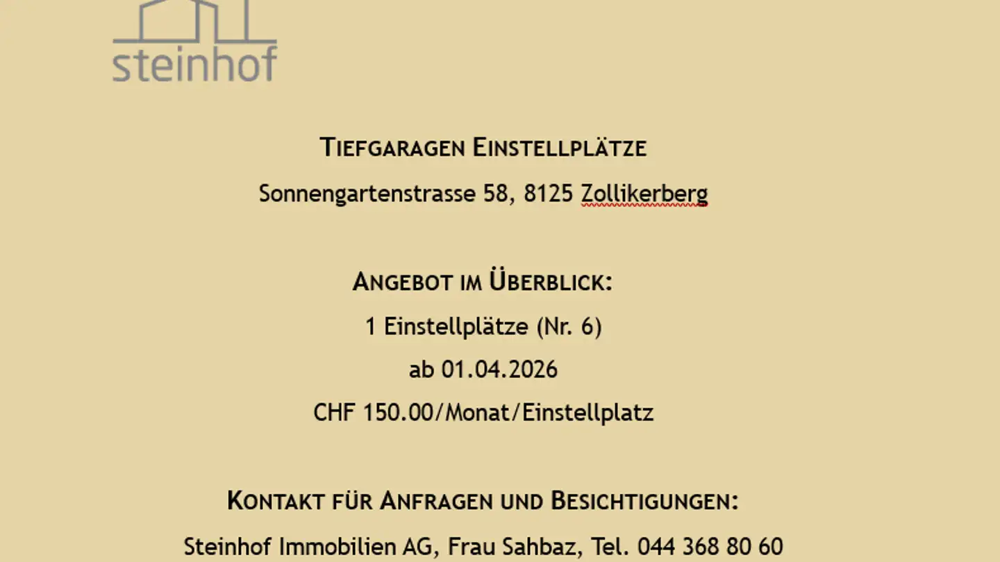 Place de parking souterraine à louer - Sonnengartenstrasse 58, 8125 Zollikerberg