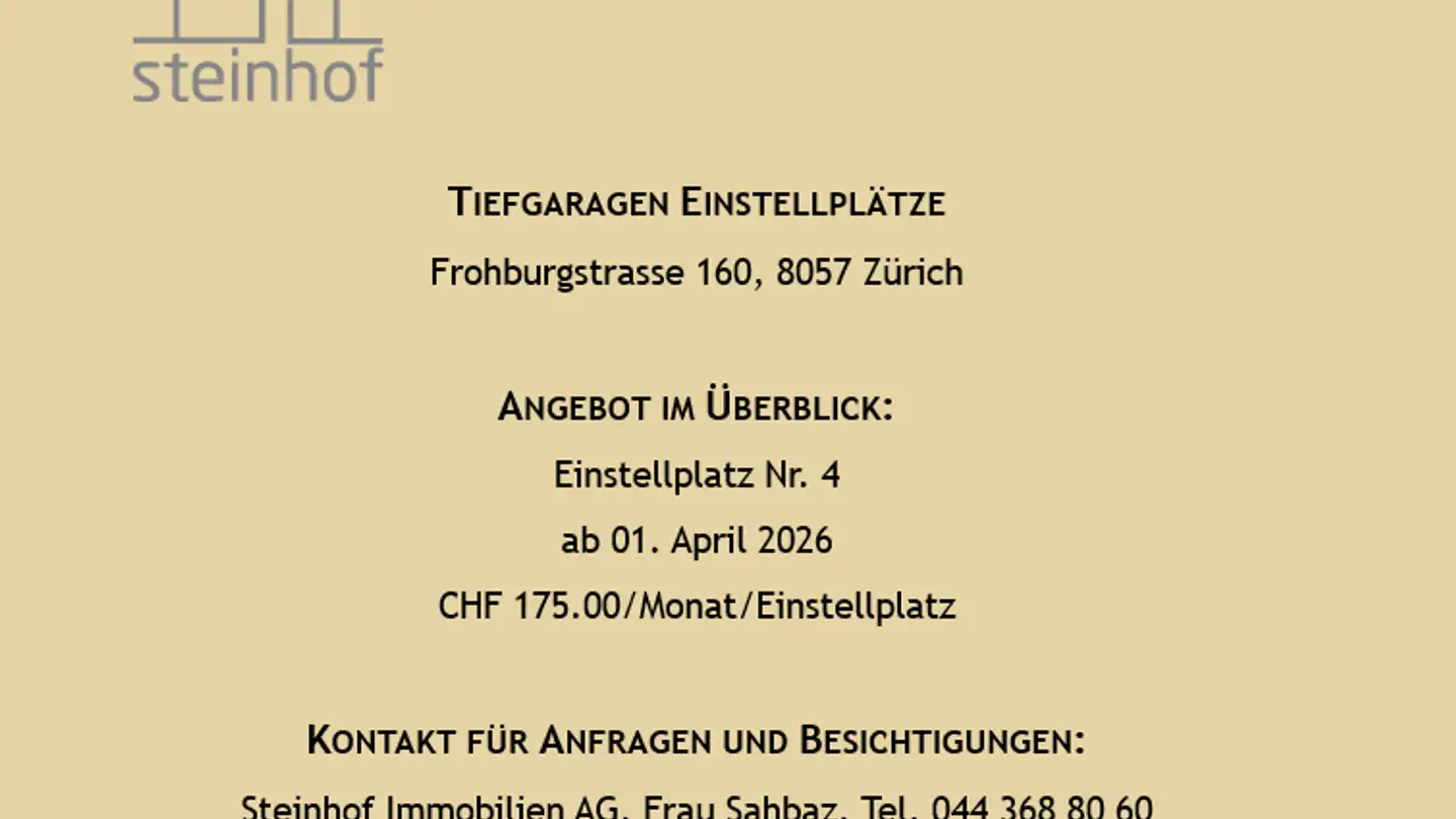 Place de parking souterraine à louer - Frohburgstrasse 160, 8057 Zürich