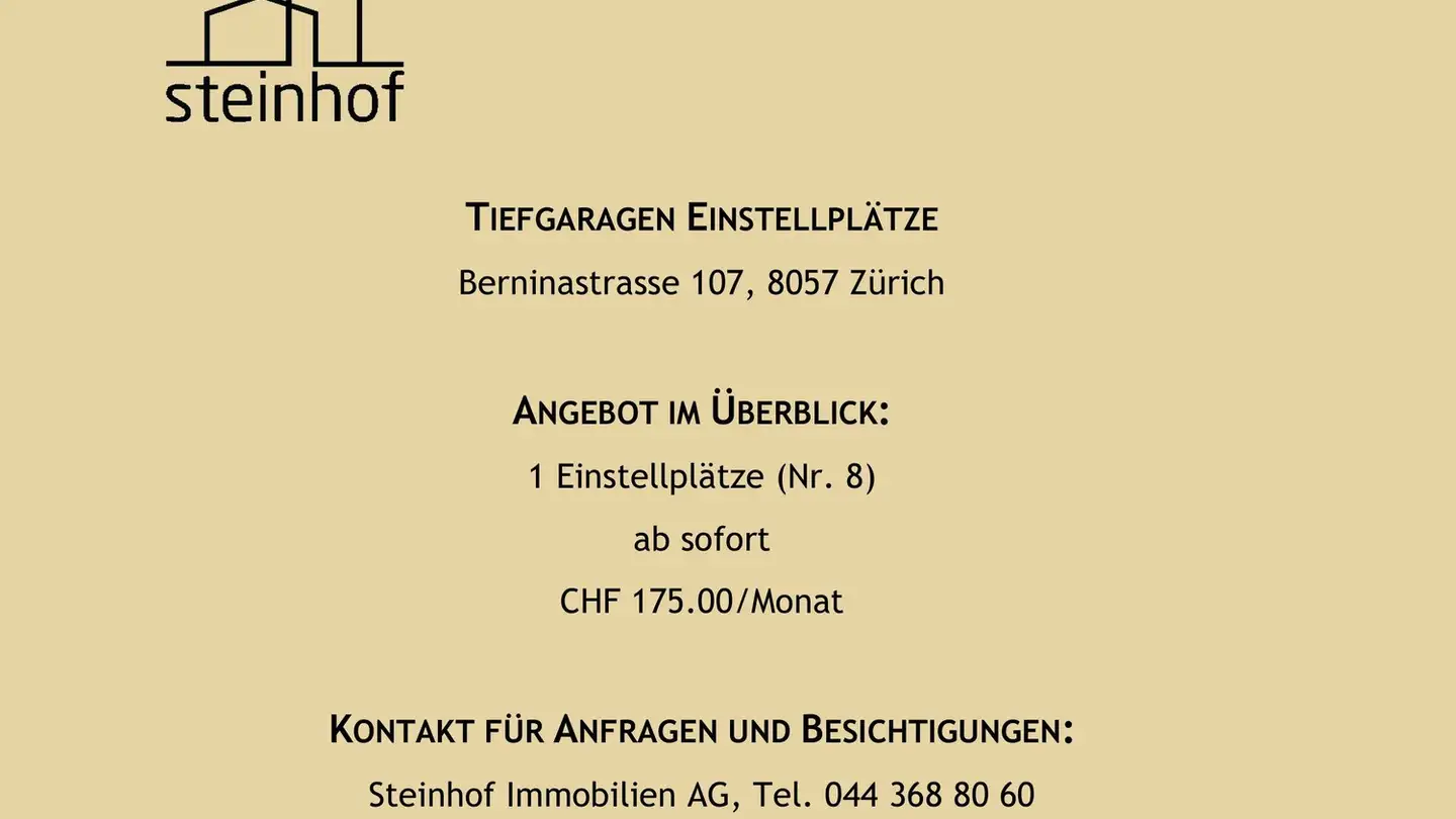 Garage individuel à louer - Berninastrasse 107, 8057 Zürich