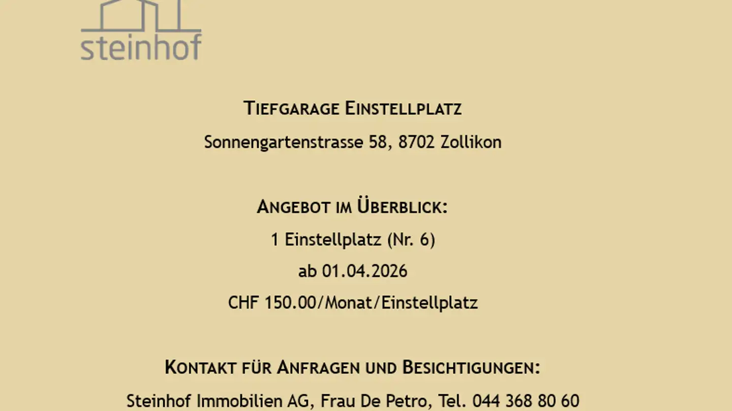 Tiefgaragenstellplatz mieten - Sonnengartenstrasse 58, 8125 Zollikerberg
