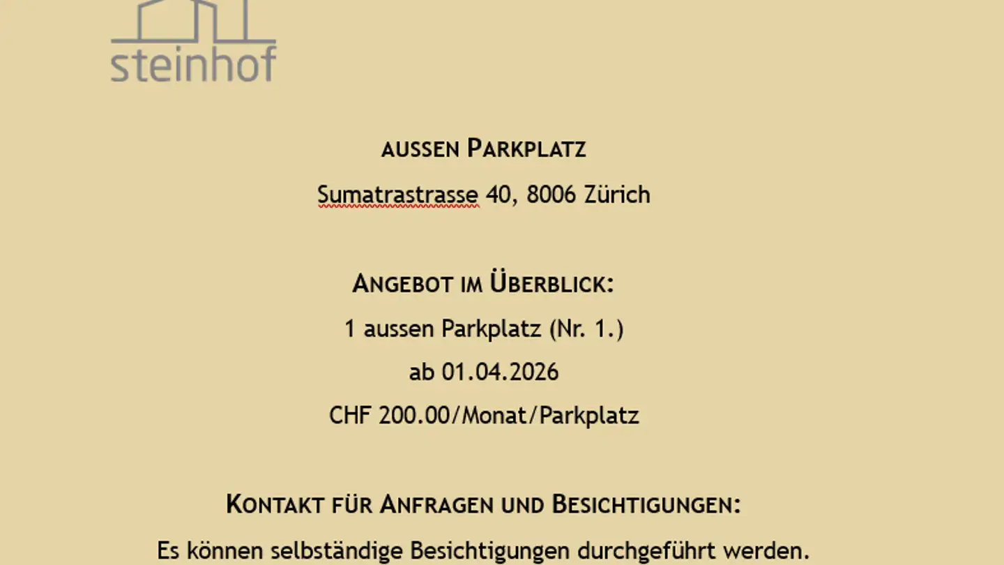 Parkplatz im Freien mieten - Sumatrastrasse 40, 8006 Zürich