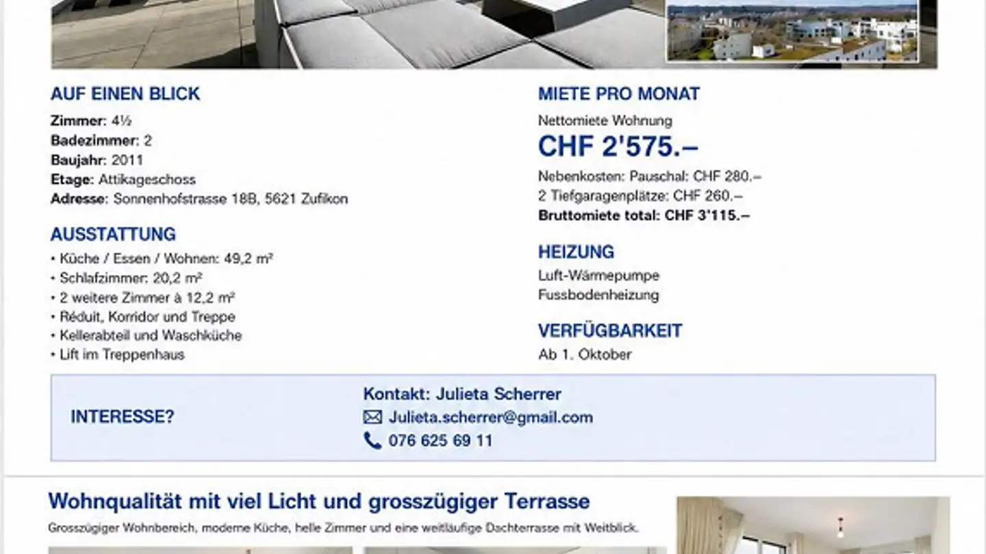 Penthouse for rent - 5621 Zufikon