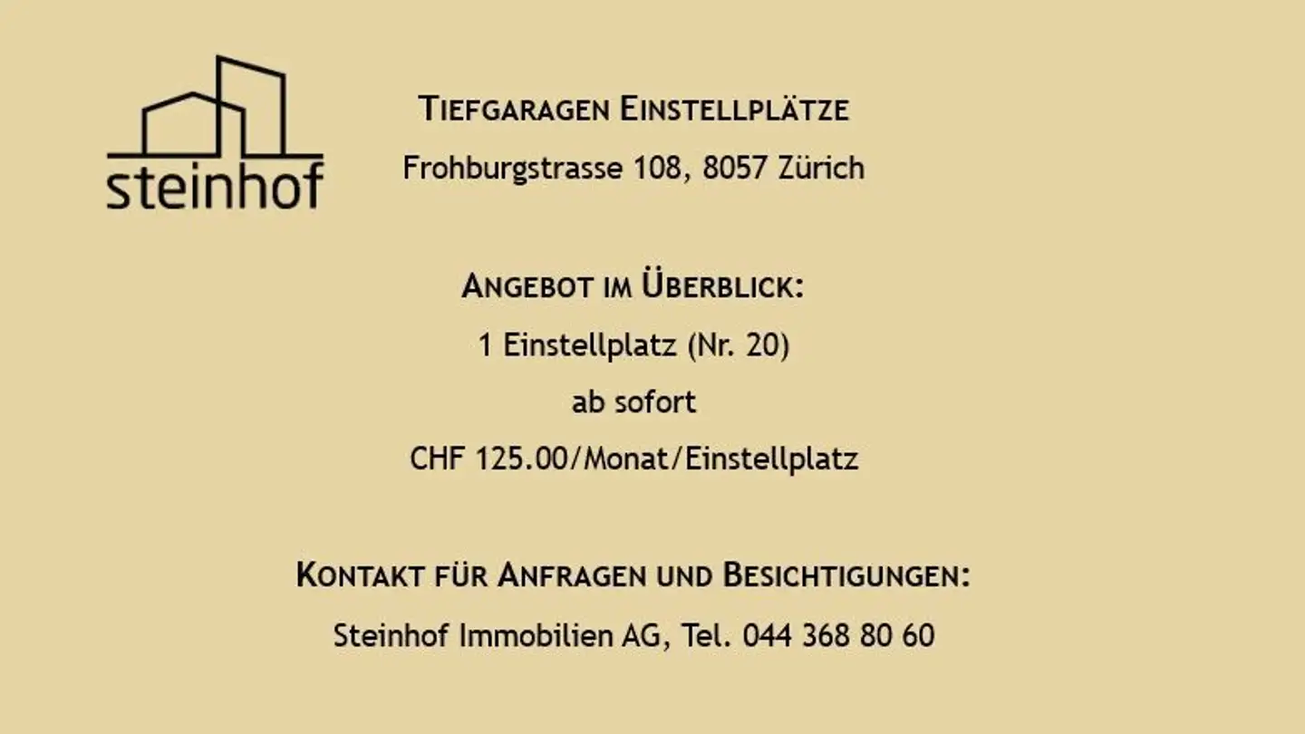 Garage individuel à louer - Frohburgstrasse 108, 8057 Zürich