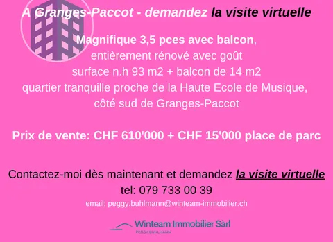 Belle opportunité: Magnifique 3,5 pces avec balcon, à Granges-Paccot à CHF 610’000 + 15’000 place de parc