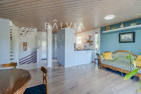 Open living space with wooden ceiling, semi-detached house in Therwil, photo 6