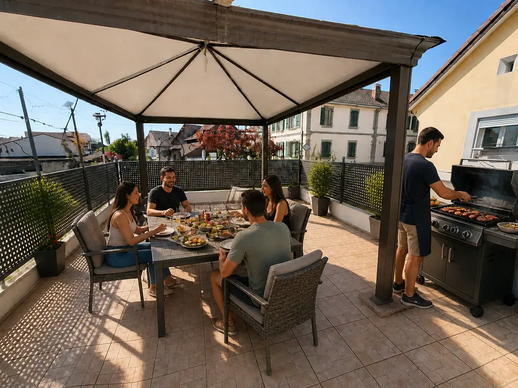 Immeuble de 2 appartements, un local commercial – 2 chambres- 2 places de parc et un garage/ Terrasse au centre du village