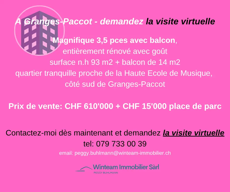 Belle opportunité: Magnifique 3,5 pces avec balcon, à Granges-Paccot à CHF 610&rsquo;000 + 15&rsquo;000 place de parc